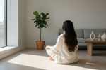 Femme assise méditant dans un intérieur lumineux, illustrant l'indifférence, mépris ou de la confiance.