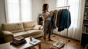 Une femme compose des tenues originales chez elle, laissant libre cours à sa créativité devant son dressing.