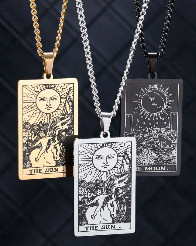 Collier Pendentif Tarot en Acier Inoxydable – Étoile / Soleil / Lune – Style Ethnique Unisexe