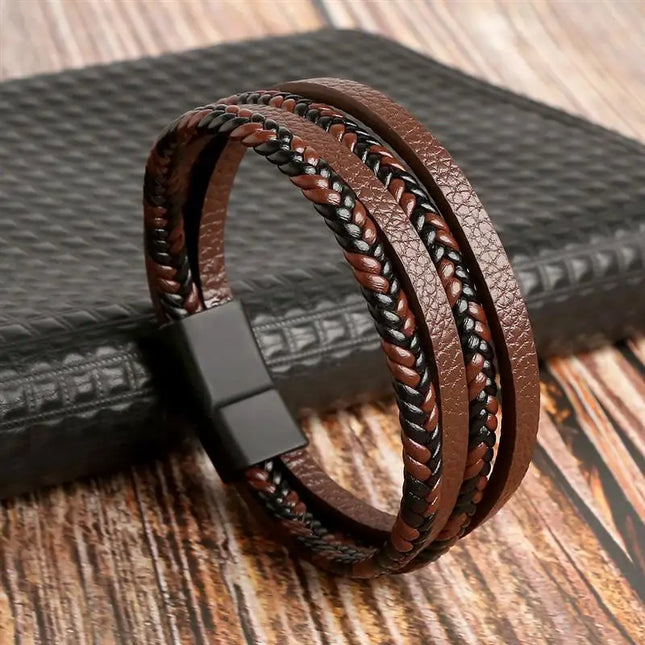 Bracelet en cuir tressé pour homme, multicouche, tissé à la main – 19, 21, 23 cm – Style punk et classique