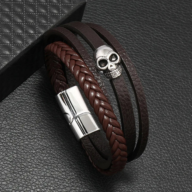 Bracelet en cuir tressé multicouche pour homme, boussole et œil protecteur – Style tendance