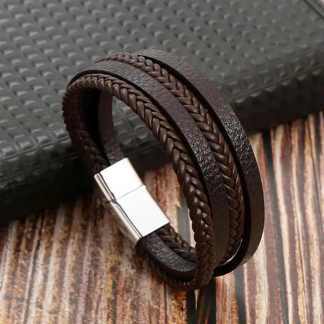 Bracelet en cuir tressé pour homme, multicouche, tissé à la main – 19, 21, 23 cm – Style punk et classique