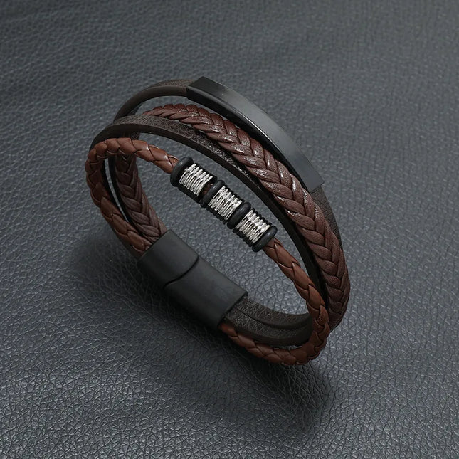 Bracelet en cuir tressé multicouche pour homme, boussole et œil protecteur – Style tendance