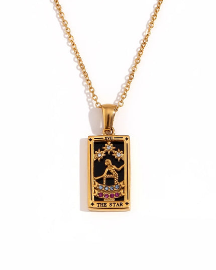 Collier pendentif tarot – Acier inoxydable et zircon – Plaqué or 18 carats – Bijou femme élégant et résistant