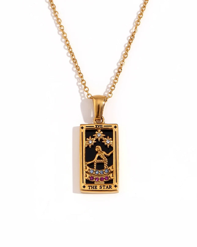 Collier pendentif tarot – Acier inoxydable et zircon – Plaqué or 18 carats – Bijou femme élégant et résistant