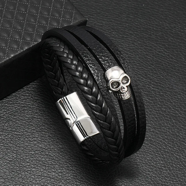 Bracelet en cuir tressé multicouche pour homme, boussole et œil protecteur – Style tendance