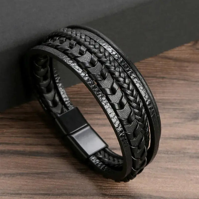 Bracelet en cuir tressé pour homme, multicouche, tissé à la main – 19, 21, 23 cm – Style punk et classique