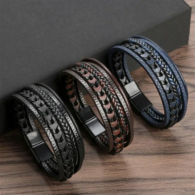 Bracelet en cuir tressé pour homme, multicouche, tissé à la main – 19, 21, 23 cm – Style punk et classique