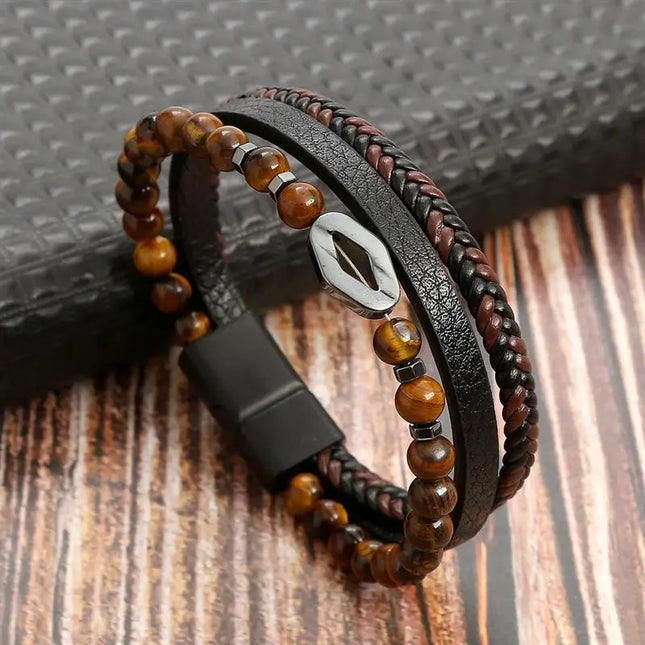 Bracelet en cuir tressé pour homme, multicouche, tissé à la main – 19, 21, 23 cm – Style punk et classique