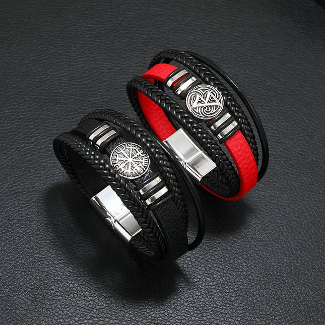 Bracelet en cuir tressé multicouche pour homme, boussole et œil protecteur – Style tendance