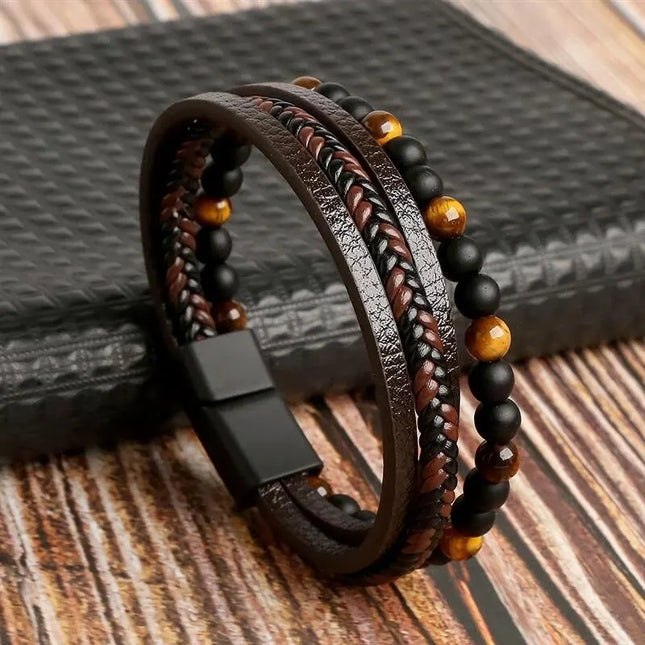 Bracelet homme en cuir multicouche avec perles œil de tigre – Style classique et tendance – Idée cadeau homme.