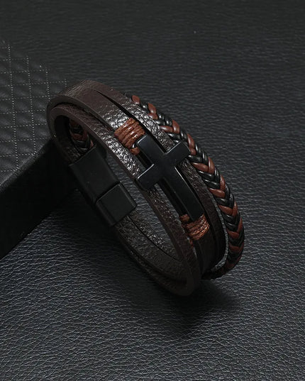 Bracelet en cuir tressé multicouche pour homme, boussole et œil protecteur – Style tendance