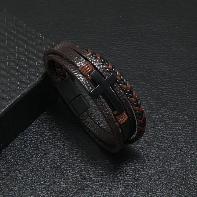 Bracelet en cuir tressé multicouche pour homme, boussole et œil protecteur – Style tendance