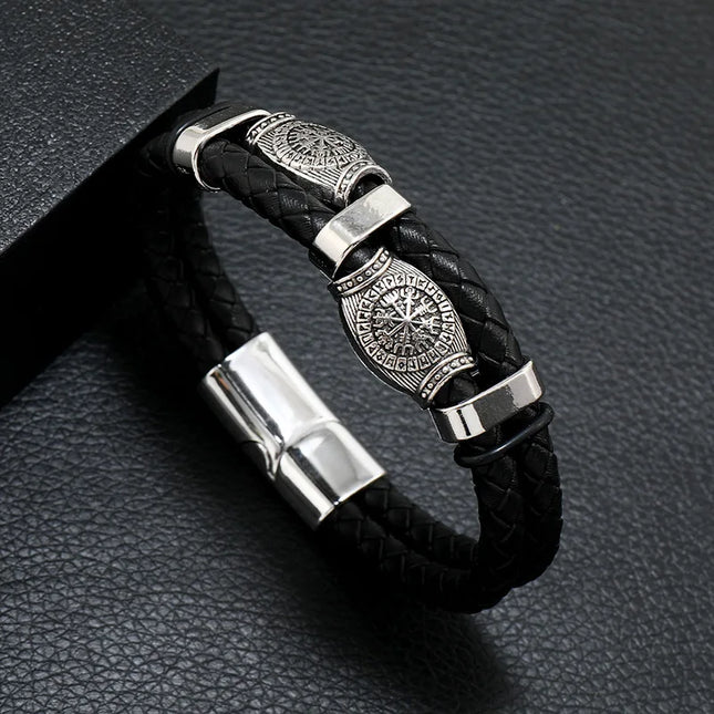 Bracelet en cuir tressé multicouche pour homme, boussole et œil protecteur – Style tendance