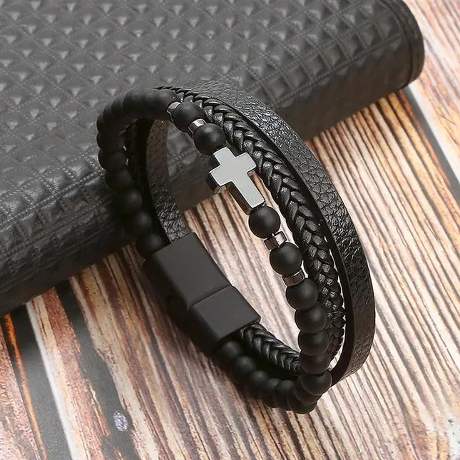 Bracelet en cuir tressé pour homme, multicouche, tissé à la main – 19, 21, 23 cm – Style punk et classique