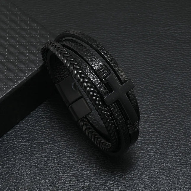 Bracelet en cuir tressé multicouche pour homme, boussole et œil protecteur – Style tendance