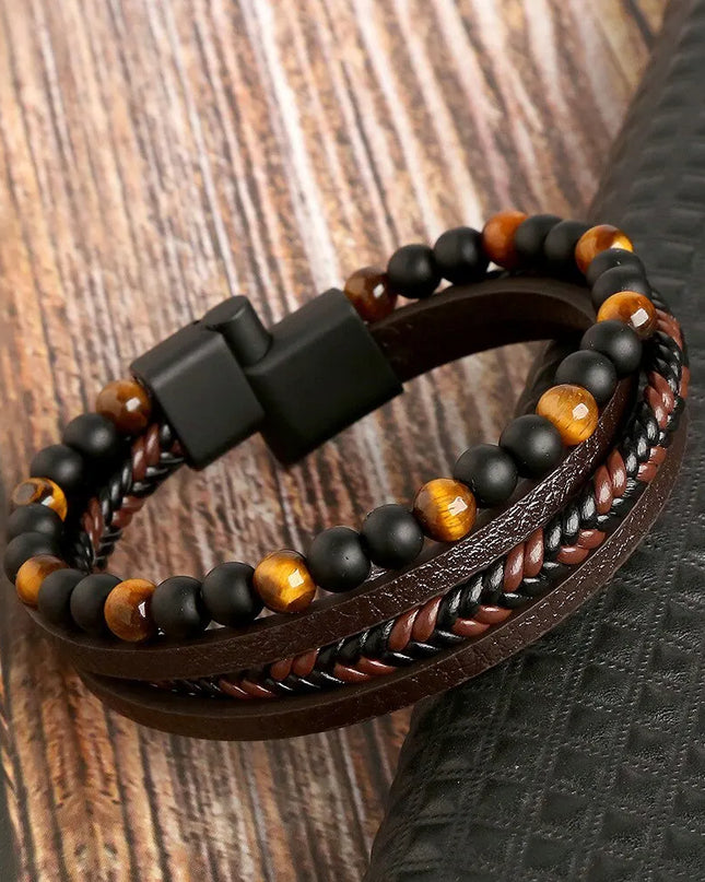 Bracelet homme en cuir multicouche avec perles œil de tigre – Style classique et tendance – Idée cadeau homme.
