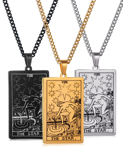 Collier Pendentif Tarot en Acier Inoxydable – Étoile / Soleil / Lune – Style Ethnique Unisexe