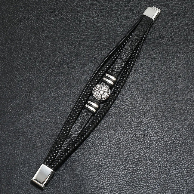 Bracelet en cuir tressé multicouche pour homme, boussole et œil protecteur – Style tendance