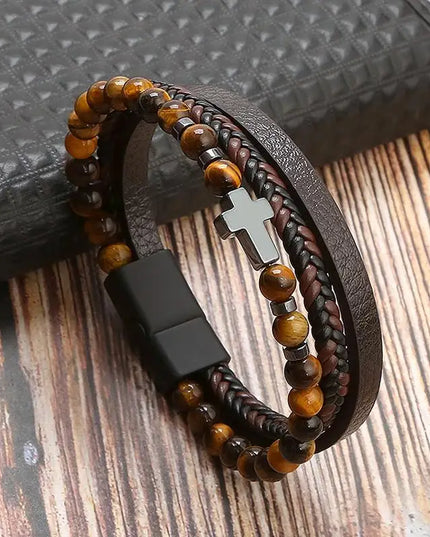 Bracelet en cuir tressé pour homme, multicouche, tissé à la main – 19, 21, 23 cm – Style punk et classique
