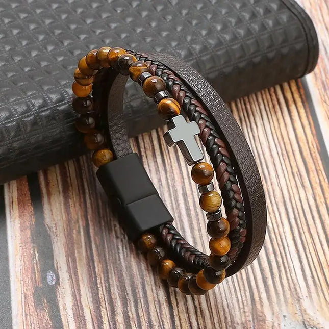 Bracelet en cuir tressé pour homme, multicouche, tissé à la main – 19, 21, 23 cm – Style punk et classique