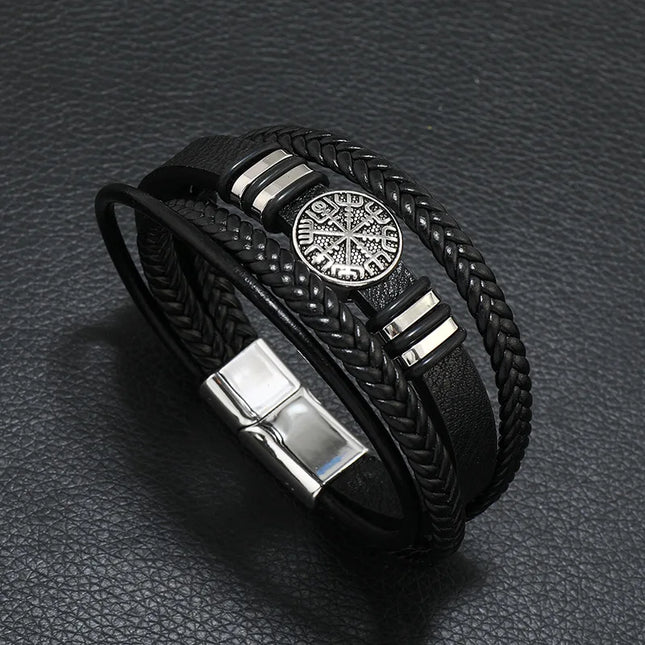 Bracelet en cuir tressé multicouche pour homme, boussole et œil protecteur – Style tendance