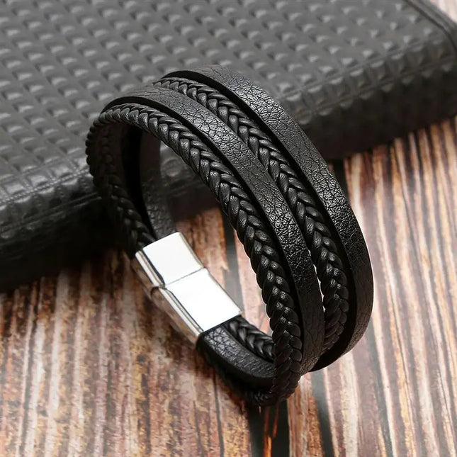 Bracelet en cuir tressé pour homme, multicouche, tissé à la main – 19, 21, 23 cm – Style punk et classique