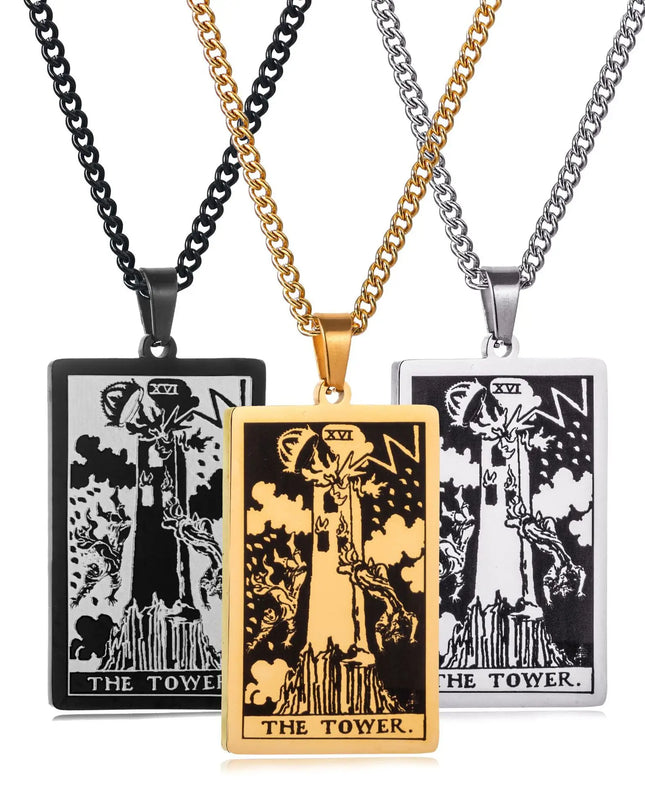 Collier Pendentif Tarot en Acier Inoxydable – Étoile / Soleil / Lune – Style Ethnique Unisexe