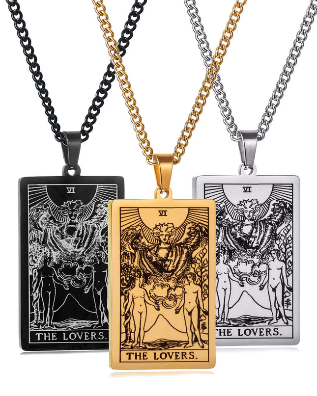 Collier Pendentif Tarot en Acier Inoxydable – Étoile / Soleil / Lune – Style Ethnique Unisexe