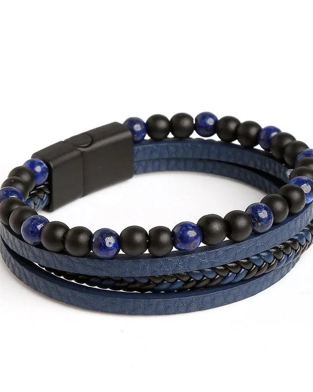 Bracelet homme en cuir multicouche avec perles œil de tigre – Style classique et tendance – Idée cadeau homme.