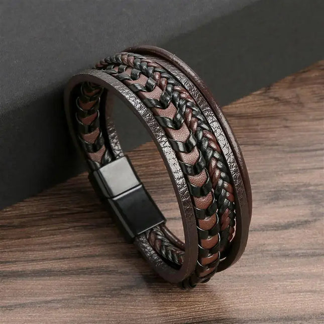 Bracelet en cuir tressé pour homme, multicouche, tissé à la main – 19, 21, 23 cm – Style punk et classique