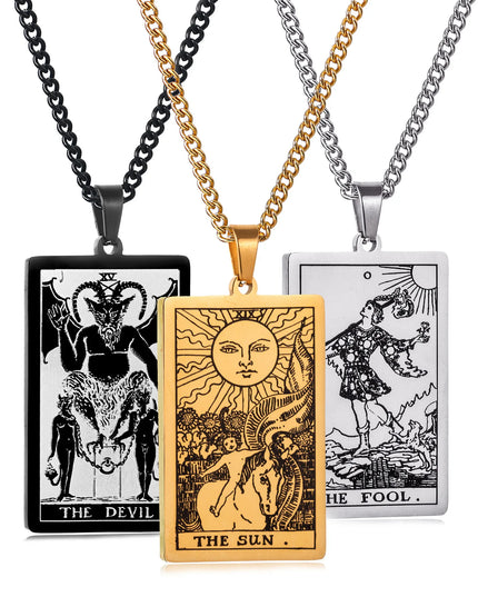 Collier Pendentif Tarot en Acier Inoxydable – Étoile / Soleil / Lune – Style Ethnique Unisexe