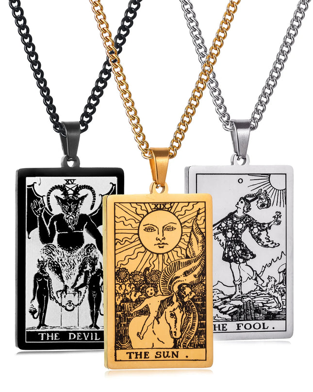 Collier Pendentif Tarot en Acier Inoxydable – Étoile / Soleil / Lune – Style Ethnique Unisexe