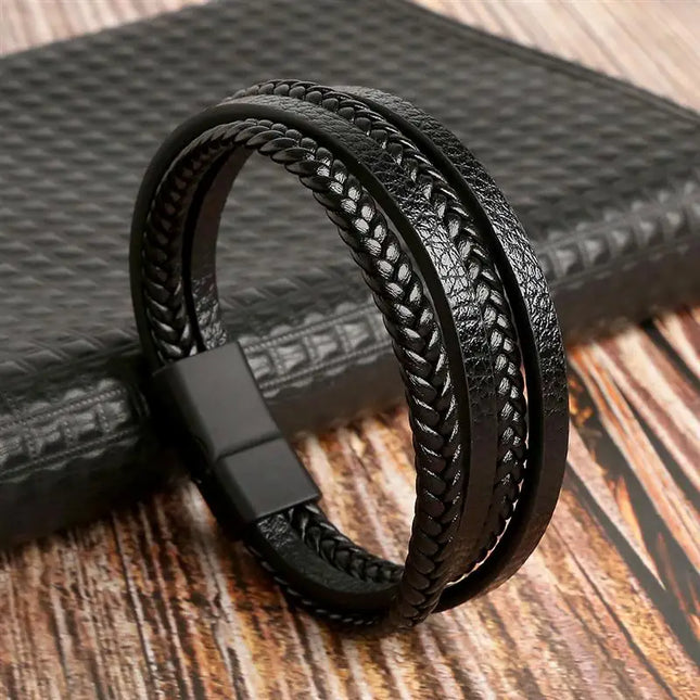 Bracelet en cuir tressé pour homme, multicouche, tissé à la main – 19, 21, 23 cm – Style punk et classique