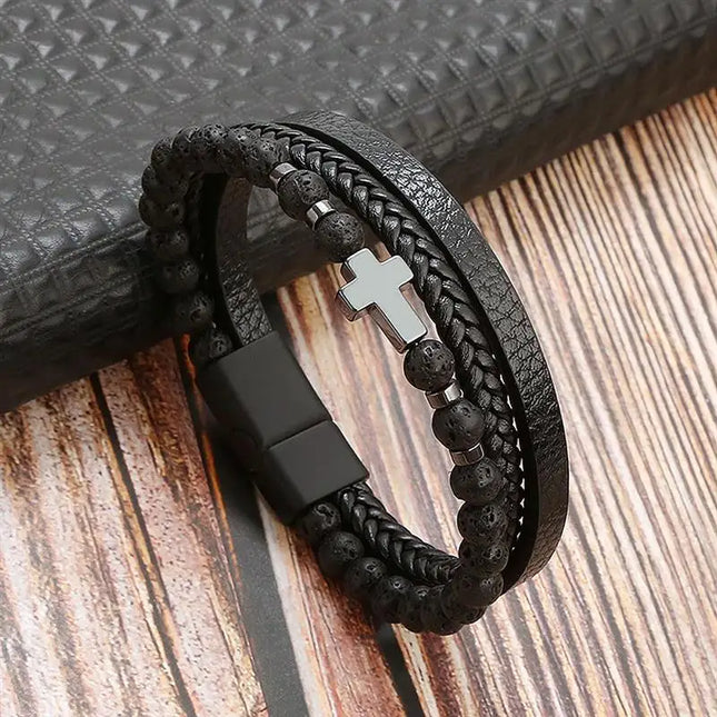Bracelet en cuir tressé pour homme, multicouche, tissé à la main – 19, 21, 23 cm – Style punk et classique