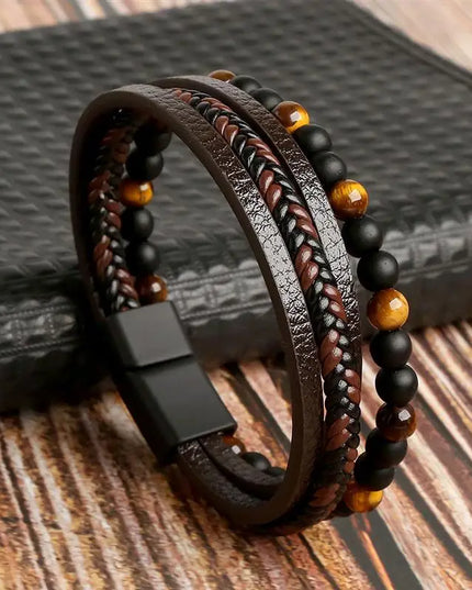Bracelet en cuir tressé pour homme, multicouche, tissé à la main – 19, 21, 23 cm – Style punk et classique