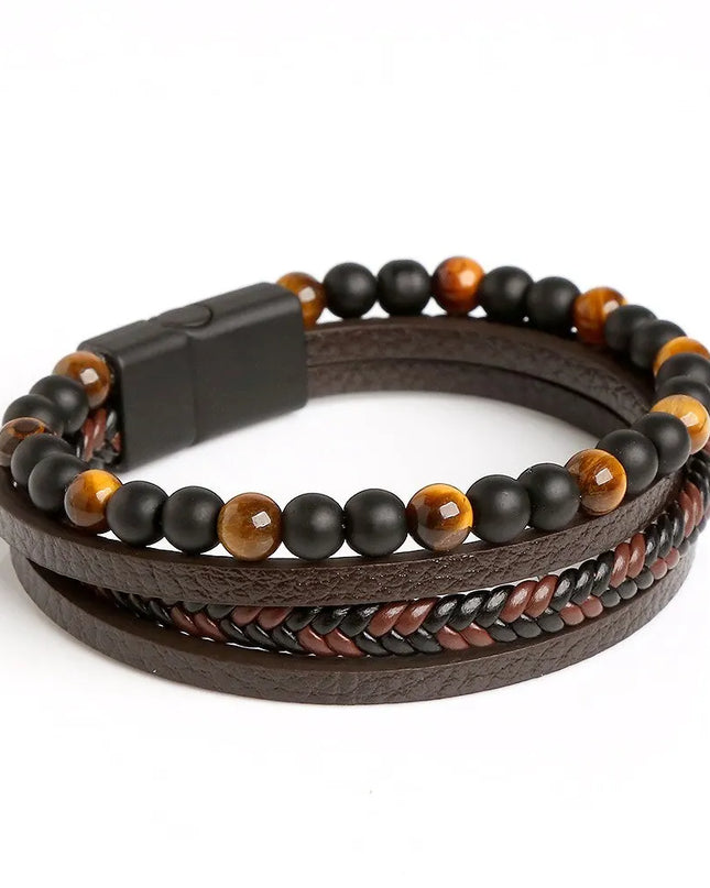 Bracelet homme en cuir multicouche avec perles œil de tigre – Style classique et tendance – Idée cadeau homme.
