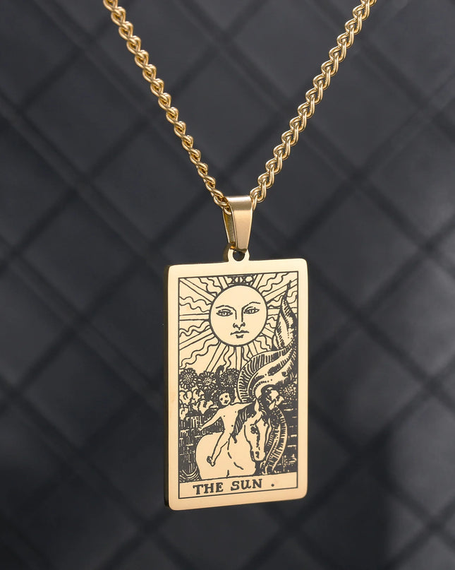 Collier Pendentif Tarot en Acier Inoxydable – Étoile / Soleil / Lune – Style Ethnique Unisexe
