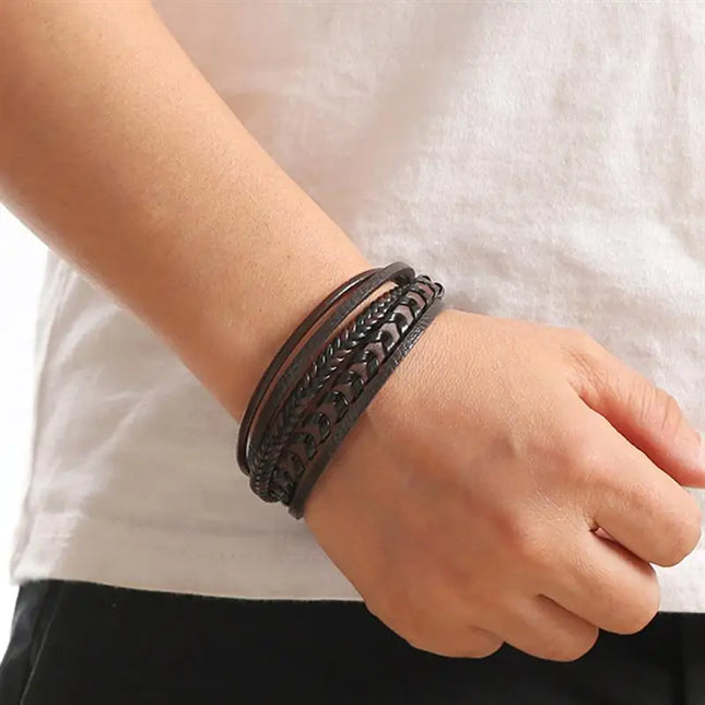 Bracelet en cuir tressé pour homme, multicouche, tissé à la main – 19, 21, 23 cm – Style punk et classique