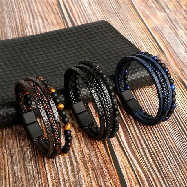 Bracelet homme en cuir multicouche avec perles œil de tigre – Style classique et tendance – Idée cadeau homme.