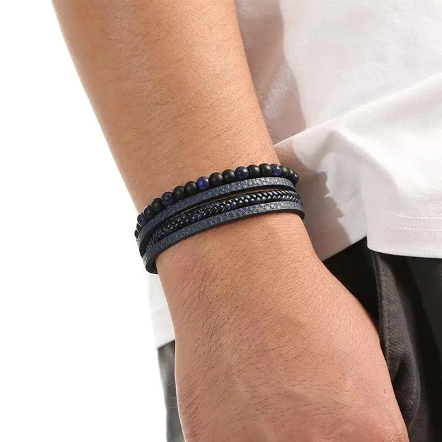 Bracelet homme en cuir multicouche avec perles œil de tigre – Style classique et tendance – Idée cadeau homme.