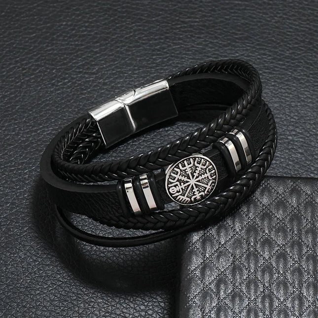 Bracelet en cuir tressé multicouche pour homme, boussole et œil protecteur – Style tendance