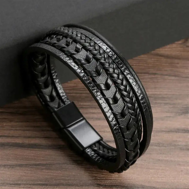 Bracelet en cuir tressé pour homme, multicouche, tissé à la main – 19, 21, 23 cm – Style punk et classique