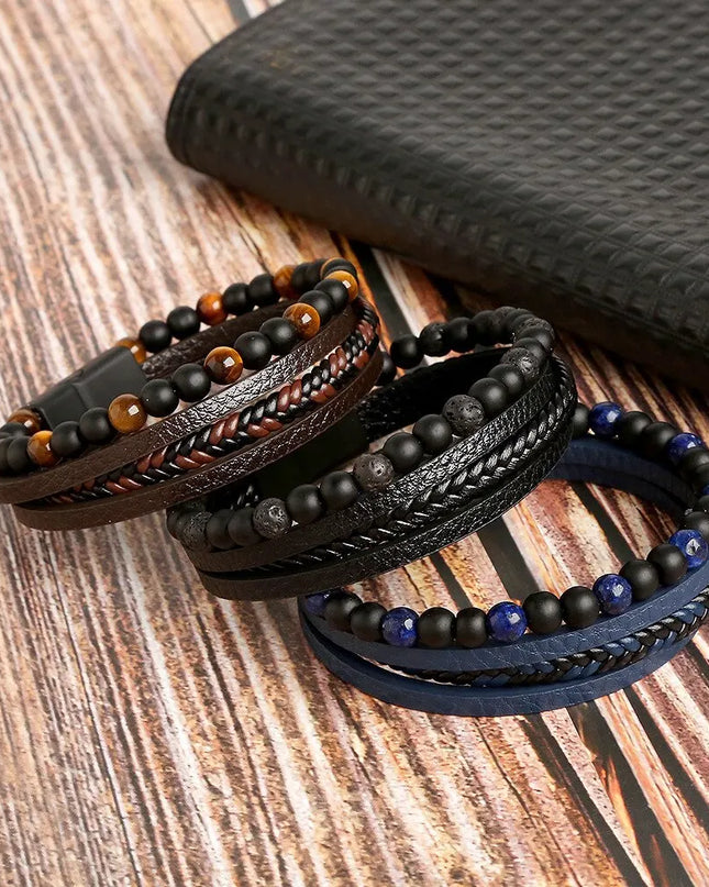Bracelet homme en cuir multicouche avec perles œil de tigre – Style classique et tendance – Idée cadeau homme.