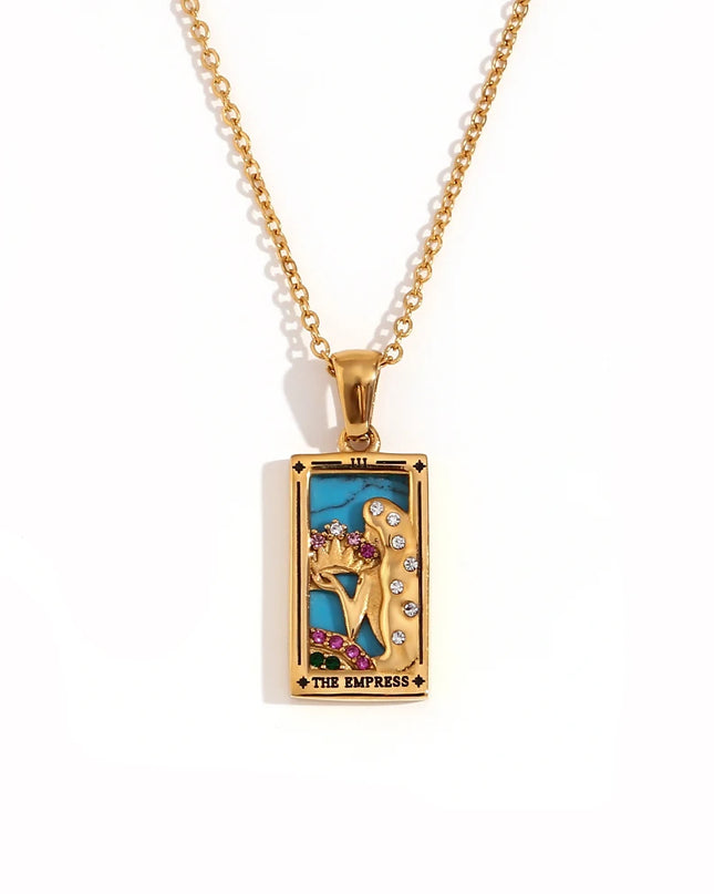 Collier pendentif tarot – Acier inoxydable et zircon – Plaqué or 18 carats – Bijou femme élégant et résistant