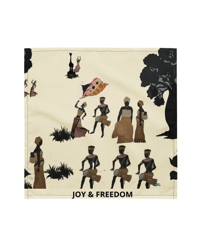 Bandana imprimé JOY & FREEDOM avec des motifs artistiques et culturels, style tendance et polyvalent.